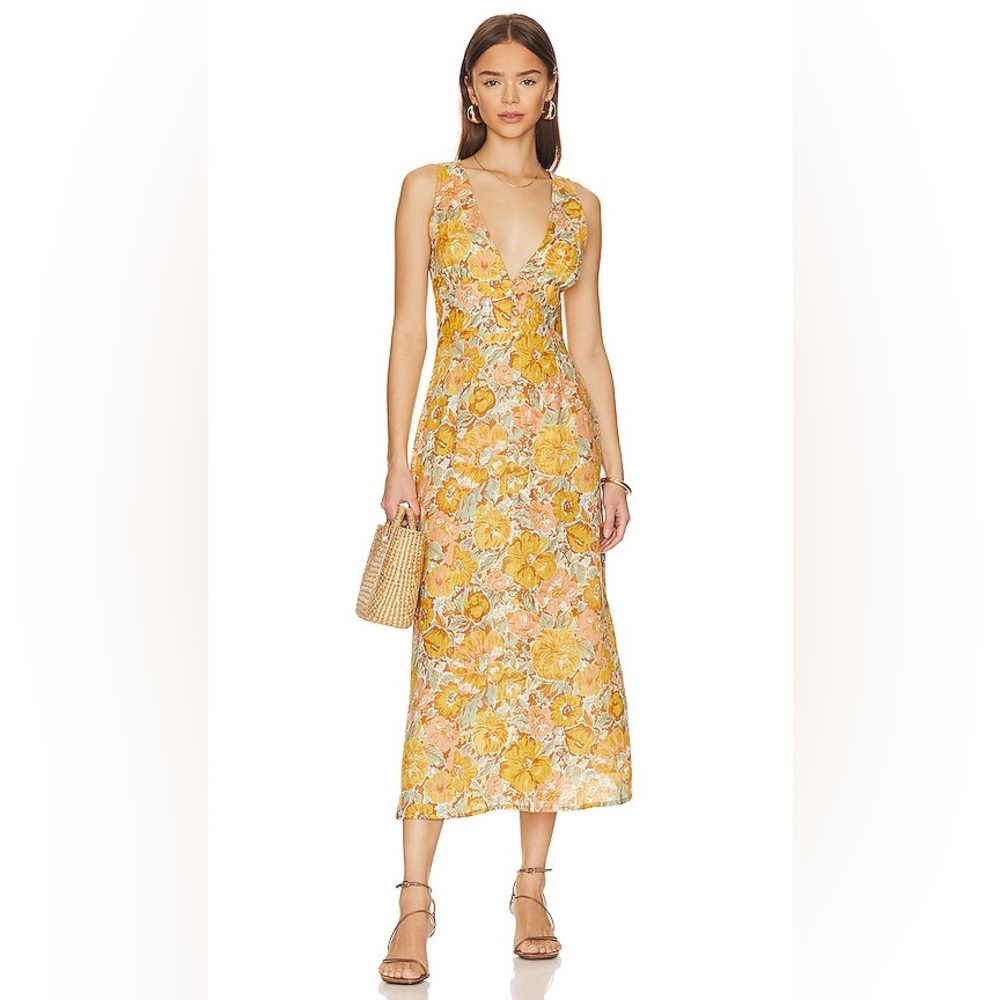Faithfull the Brand Venere Junie Floral 100% Linen Midi Dress size 6
